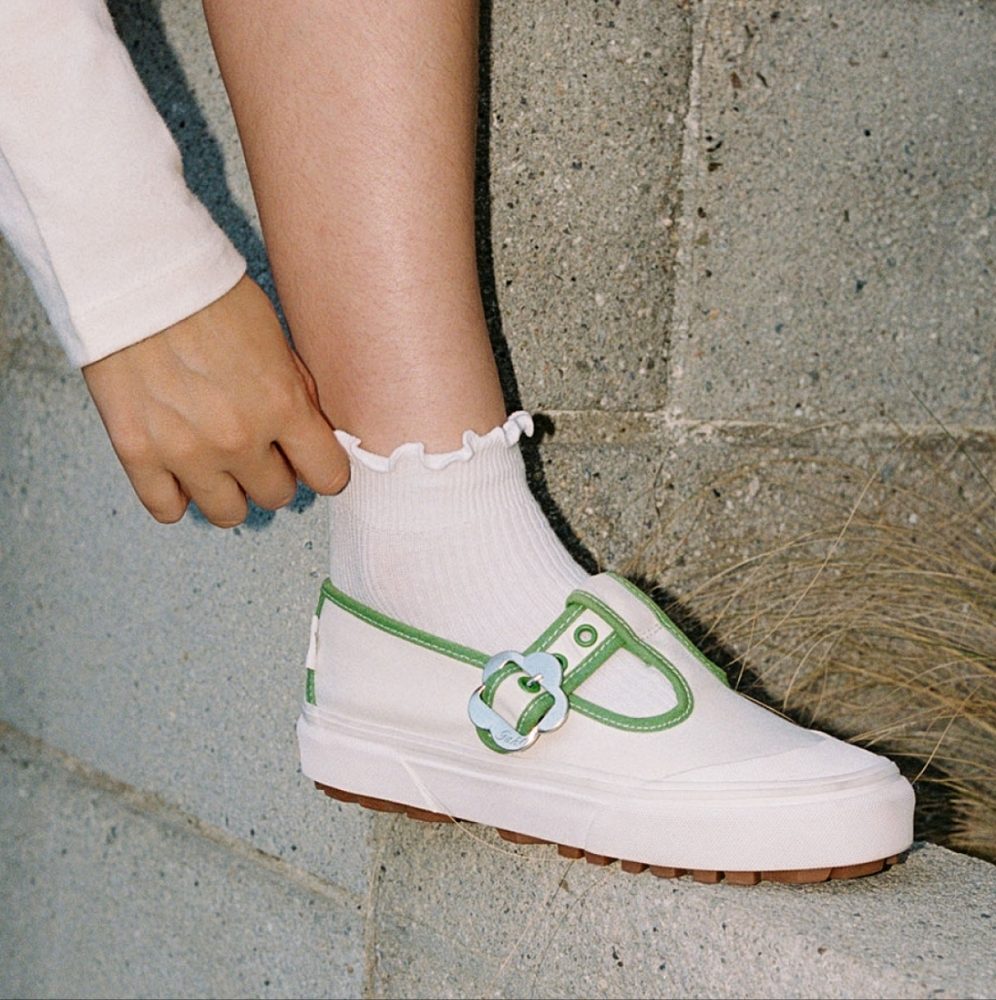 Lisa Says Gah White Sneakers with Green Trim